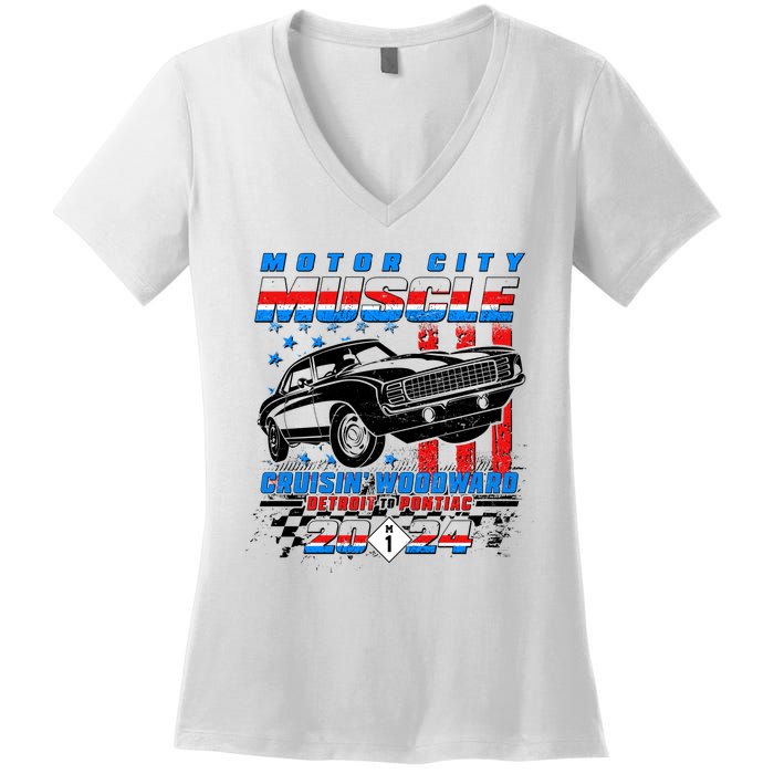 Motor City Muscle Cruisin Woodward Detroit To Pontiac 2024 Women's V-Neck T-Shirt