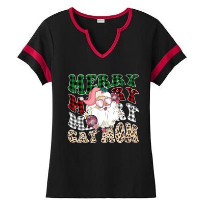 Merry Cat Mom Santa Leopard Plaid Christmas Cat Mom Meaningful Gift Ladies Halftime Notch Neck Tee