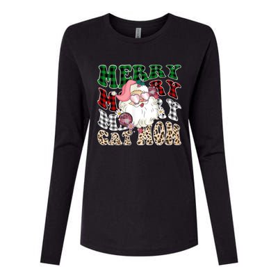 Merry Cat Mom Santa Leopard Plaid Christmas Cat Mom Meaningful Gift Womens Cotton Relaxed Long Sleeve T-Shirt