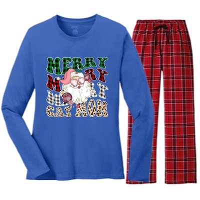 Merry Cat Mom Santa Leopard Plaid Christmas Cat Mom Meaningful Gift Women's Long Sleeve Flannel Pajama Set 