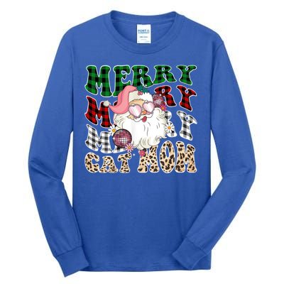 Merry Cat Mom Santa Leopard Plaid Christmas Cat Mom Meaningful Gift Tall Long Sleeve T-Shirt