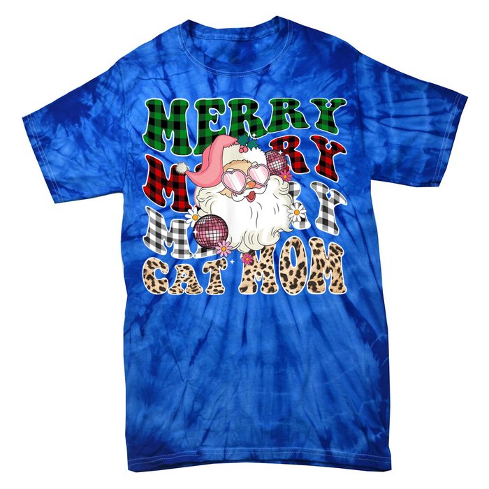 Merry Cat Mom Santa Leopard Plaid Christmas Cat Mom Meaningful Gift Tie-Dye T-Shirt