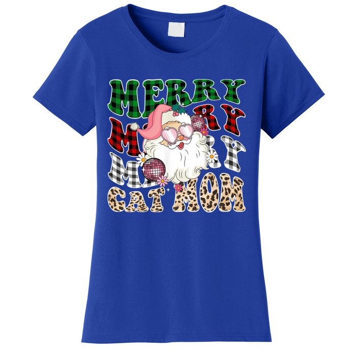 Merry Cat Mom Santa Leopard Plaid Christmas Cat Mom Meaningful Gift Women's T-Shirt