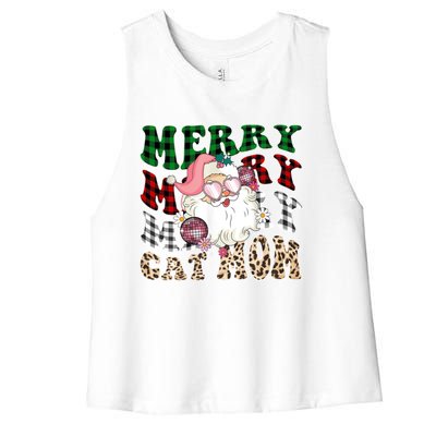 Merry Cat Mom Santa Leopard Plaid Christmas Cat Mom Meaningful Gift Women's Racerback Cropped Tank