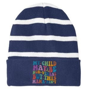 My Child May Be Nonverbal But This Mama Ain’T Autism Awareness Striped Beanie with Solid Band