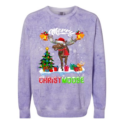 Merry Christmoose Merry Christmas Xmas Lights Santa Moose Long Sleeve Colorblast Crewneck Sweatshirt