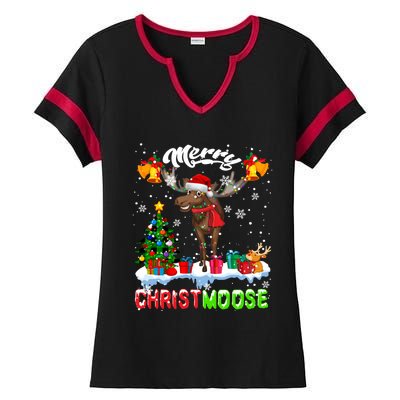 Merry Christmoose Merry Christmas Xmas Lights Santa Moose Long Sleeve Ladies Halftime Notch Neck Tee