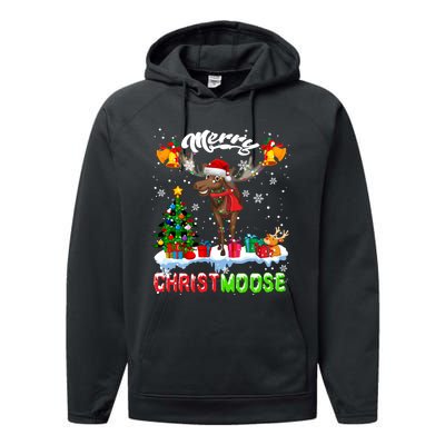 Merry Christmoose Merry Christmas Xmas Lights Santa Moose Long Sleeve Performance Fleece Hoodie