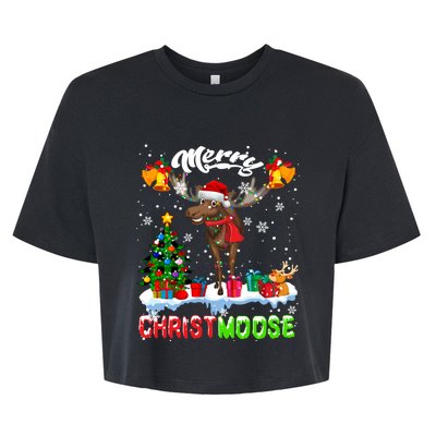 Merry Christmoose Merry Christmas Xmas Lights Santa Moose Long Sleeve Bella+Canvas Jersey Crop Tee