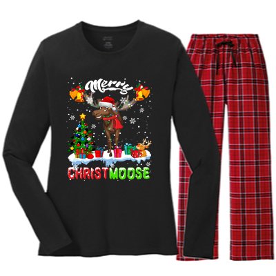 Merry Christmoose Merry Christmas Xmas Lights Santa Moose Long Sleeve Women's Long Sleeve Flannel Pajama Set 