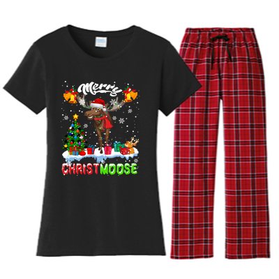 Merry Christmoose Merry Christmas Xmas Lights Santa Moose Long Sleeve Women's Flannel Pajama Set