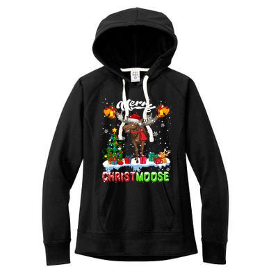 Merry Christmoose Merry Christmas Xmas Lights Santa Moose Long Sleeve Women's Fleece Hoodie