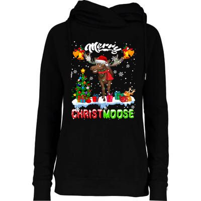 Merry Christmoose Merry Christmas Xmas Lights Santa Moose Long Sleeve Womens Funnel Neck Pullover Hood