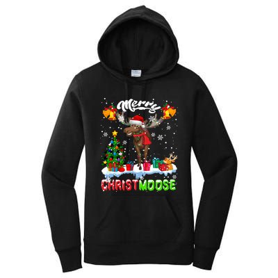 Merry Christmoose Merry Christmas Xmas Lights Santa Moose Long Sleeve Women's Pullover Hoodie