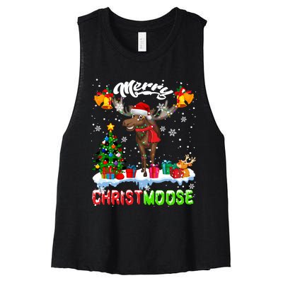 Merry Christmoose Merry Christmas Xmas Lights Santa Moose Long Sleeve Women's Racerback Cropped Tank