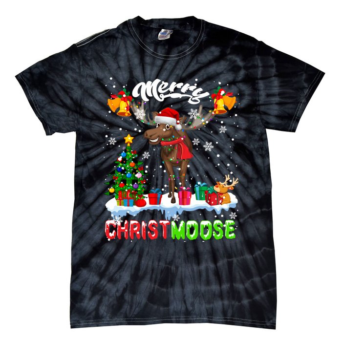 Merry Christmoose Merry Christmas Xmas Lights Santa Moose Long Sleeve Tie-Dye T-Shirt