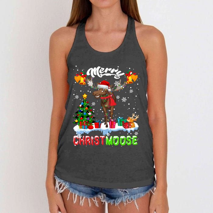 Merry Christmoose Merry Christmas Xmas Lights Santa Moose Long Sleeve Women's Knotted Racerback Tank