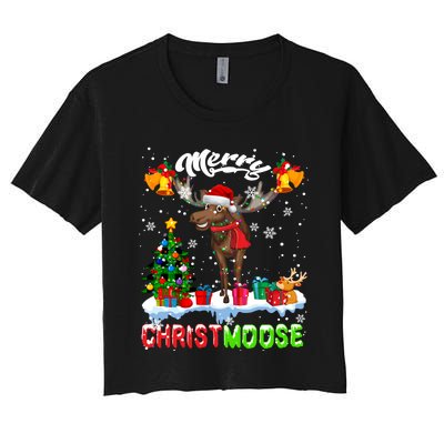 Merry Christmoose Merry Christmas Xmas Lights Santa Moose Long Sleeve Women's Crop Top Tee