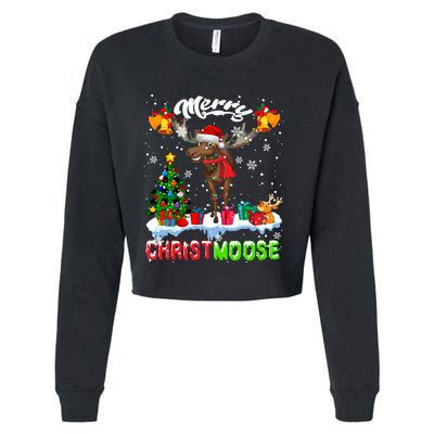 Merry Christmoose Merry Christmas Xmas Lights Santa Moose Long Sleeve Cropped Pullover Crew