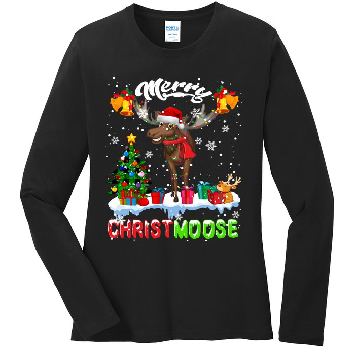 Merry Christmoose Merry Christmas Xmas Lights Santa Moose Long Sleeve Ladies Long Sleeve Shirt