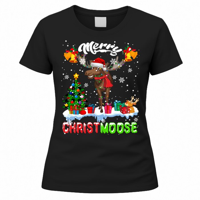 Merry Christmoose Merry Christmas Xmas Lights Santa Moose Long Sleeve Women's T-Shirt