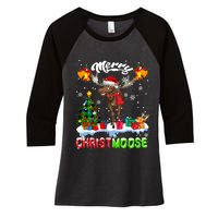 Merry Christmoose Merry Christmas Xmas Lights Santa Moose Long Sleeve Women's Tri-Blend 3/4-Sleeve Raglan Shirt