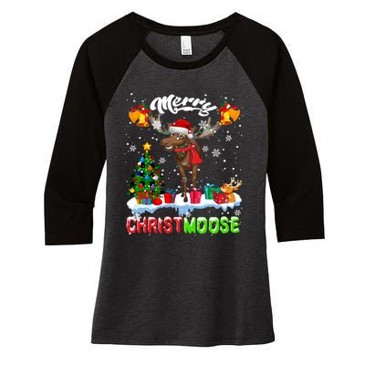 Merry Christmoose Merry Christmas Xmas Lights Santa Moose Long Sleeve Women's Tri-Blend 3/4-Sleeve Raglan Shirt