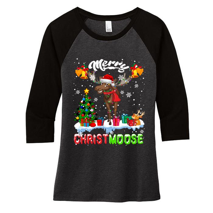 Merry Christmoose Merry Christmas Xmas Lights Santa Moose Long Sleeve Women's Tri-Blend 3/4-Sleeve Raglan Shirt