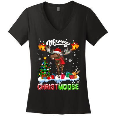 Merry Christmoose Merry Christmas Xmas Lights Santa Moose Long Sleeve Women's V-Neck T-Shirt