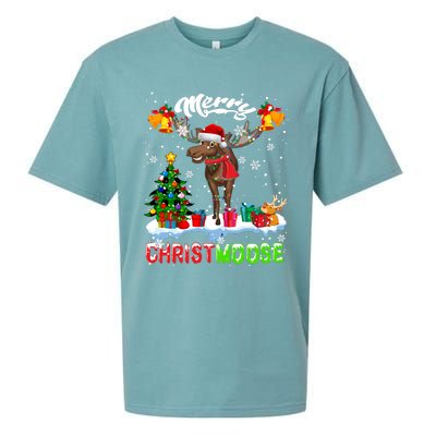 Merry Christmoose Merry Christmas Xmas Lights Santa Moose Long Sleeve Sueded Cloud Jersey T-Shirt