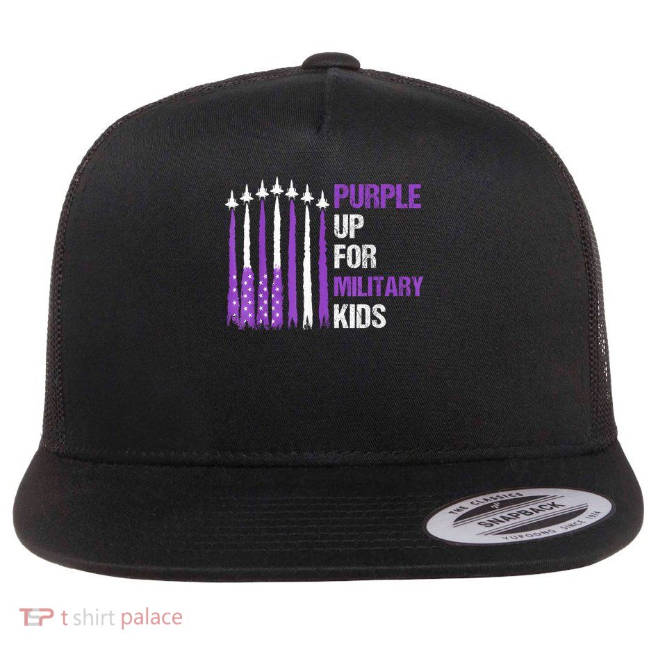 Military Child Month Purple Up For Military Purple Usa Flag Flat Bill Trucker Hat