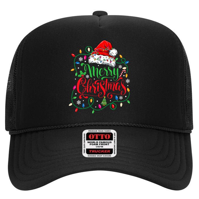 Merry Christmas Matching Family Santa Hat Lights Xmas High Crown Mesh Back Trucker Hat