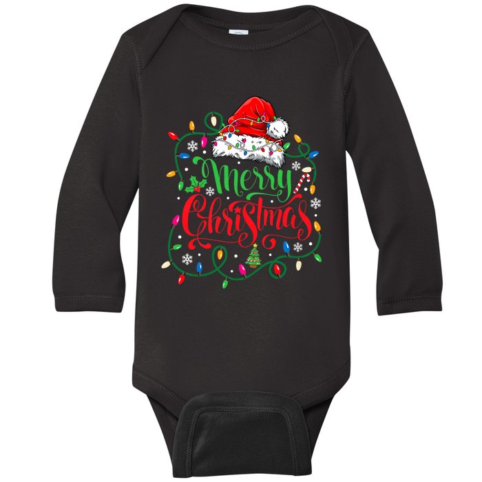 Merry Christmas Matching Family Santa Hat Lights Xmas Baby Long Sleeve Bodysuit