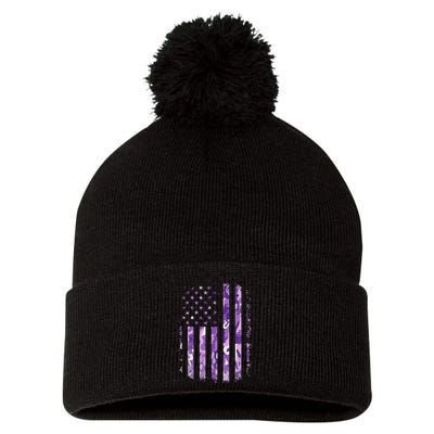 Military Child Month Usa Flag Distressed Military Pom Pom 12in Knit Beanie
