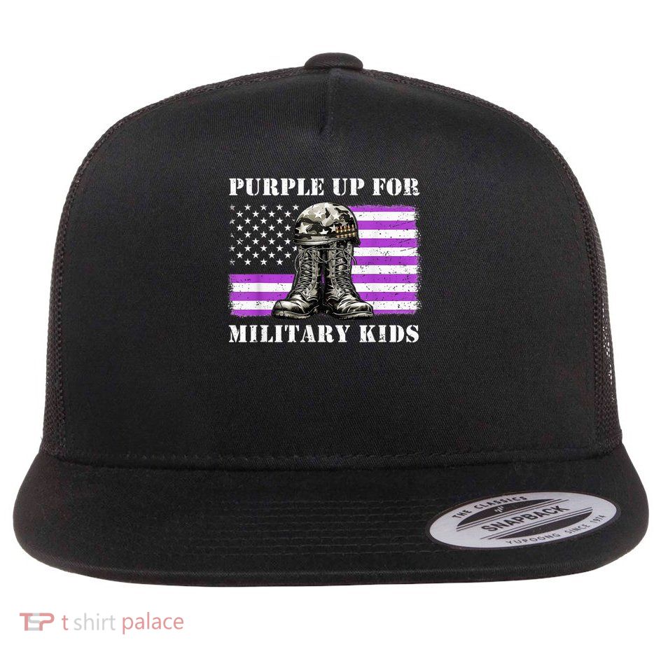 Military Child Month Purple Usa Grunged Flag Flat Bill Trucker Hat