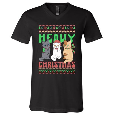 Merry Christmas Meowy Catmas Cat Xmas Family V-Neck T-Shirt