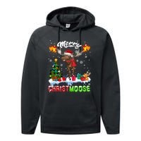 Merry Christmoose Merry Christmas Xmas Lights Santa Moose Long Sleeve Performance Fleece Hoodie