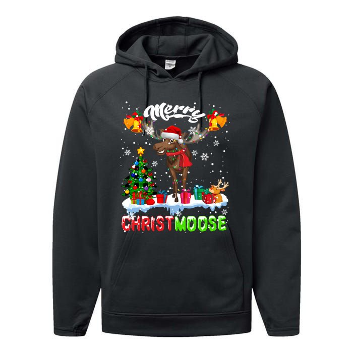 Merry Christmoose Merry Christmas Xmas Lights Santa Moose Long Sleeve Performance Fleece Hoodie