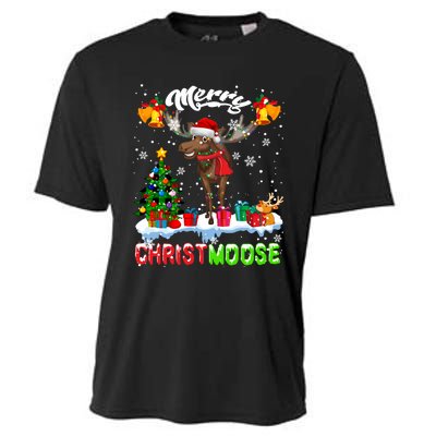 Merry Christmoose Merry Christmas Xmas Lights Santa Moose Long Sleeve Cooling Performance Crew T-Shirt