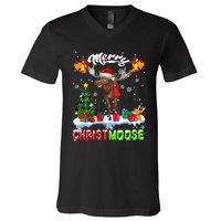 Merry Christmoose Merry Christmas Xmas Lights Santa Moose Long Sleeve V-Neck T-Shirt