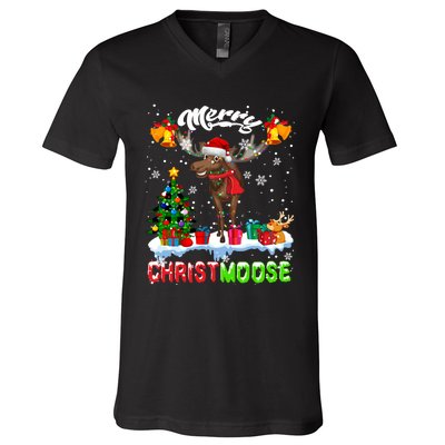 Merry Christmoose Merry Christmas Xmas Lights Santa Moose Long Sleeve V-Neck T-Shirt