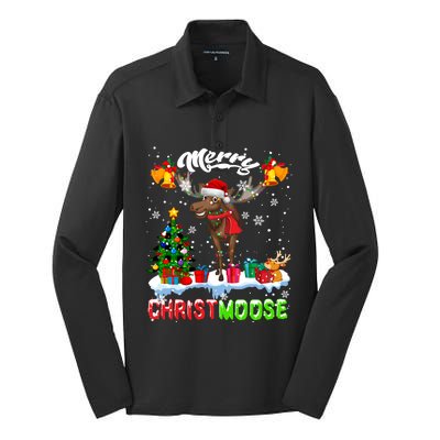 Merry Christmoose Merry Christmas Xmas Lights Santa Moose Long Sleeve Silk Touch Performance Long Sleeve Polo