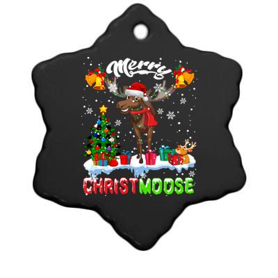 Merry Christmoose Merry Christmas Xmas Lights Santa Moose Long Sleeve Ceramic Star Ornament