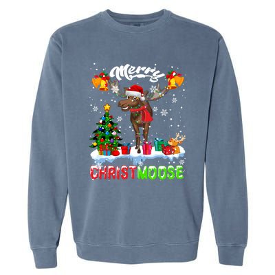 Merry Christmoose Merry Christmas Xmas Lights Santa Moose Long Sleeve Garment-Dyed Sweatshirt