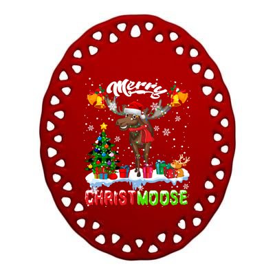 Merry Christmoose Merry Christmas Xmas Lights Santa Moose Long Sleeve Ceramic Oval Ornament