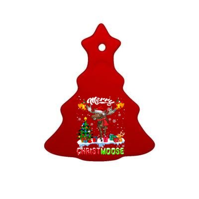 Merry Christmoose Merry Christmas Xmas Lights Santa Moose Long Sleeve Ceramic Tree Ornament