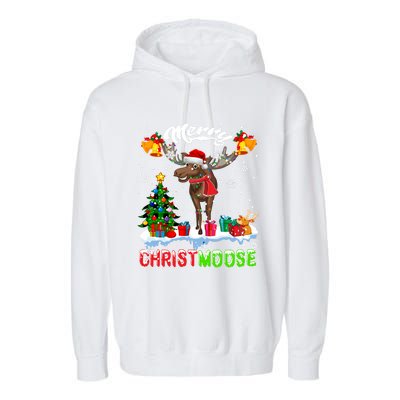 Merry Christmoose Merry Christmas Xmas Lights Santa Moose Long Sleeve Garment-Dyed Fleece Hoodie