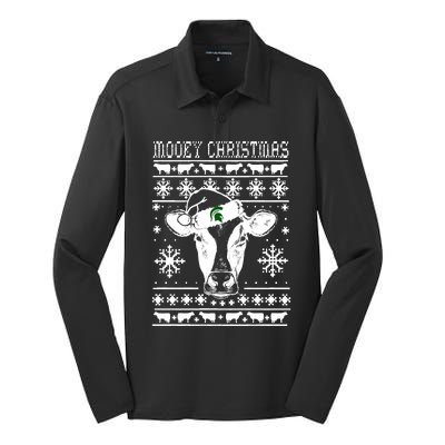 Mooey Christmas Michigan State Farmer Ugle Animals Cow Silk Touch Performance Long Sleeve Polo