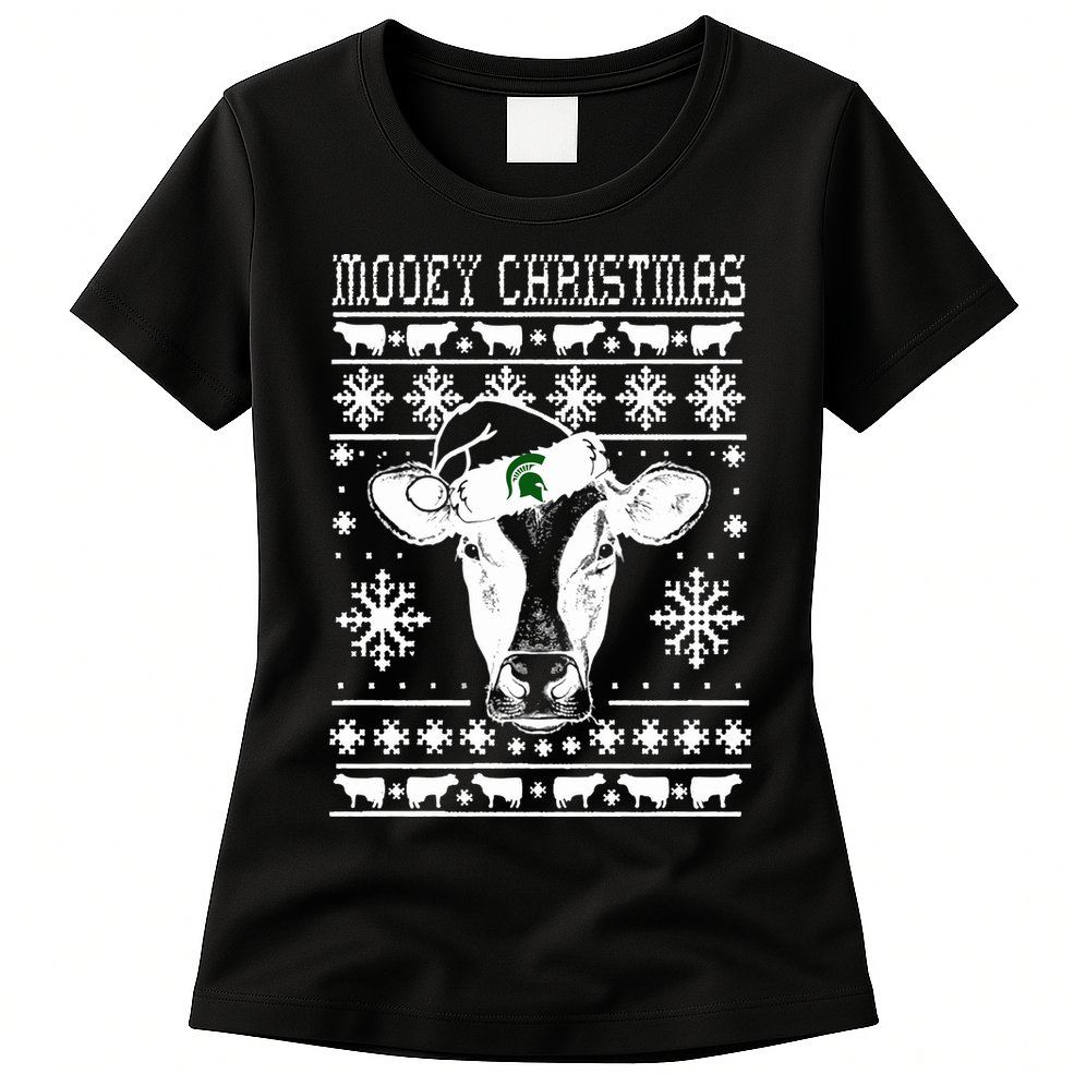 Mooey Christmas Michigan State Farmer Ugle Animals Cow Womens T-Shirt