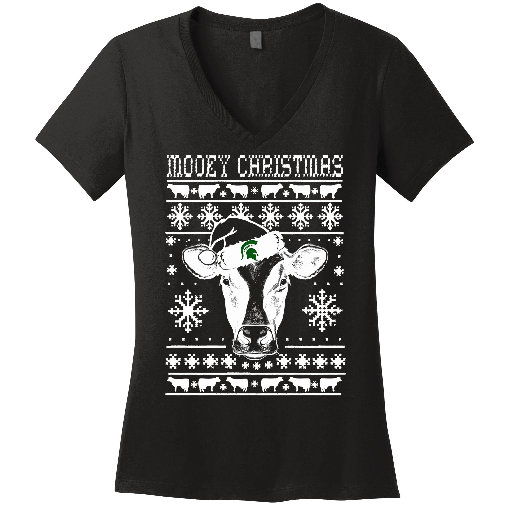 Mooey Christmas Michigan State Farmer Ugle Animals Cow Women's V-Neck T-Shirt